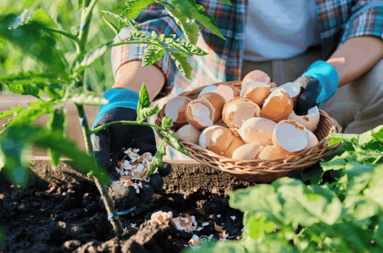 Gärtner streut Eierschalen als natürlichen Bodenverbesserer in ein Hochbeet — eine von vielen natürlichen Methoden neben Kartoffelschalenmehl von Kartoffelkraft