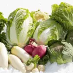 Wintergemüse im Schnee mit Chinakohl, Weißkohl, Blumenkohl, weißem Rettich und roten Rüben als Beispiel für frostharte Sorten, die mit guter Kaliumversorgung durch Kartoffelschalenmehl von Kartoffelkraft den Winter überstehen